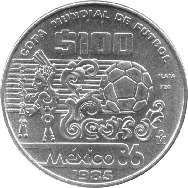 Mexiko 100 Pesos 1985 - XIII. Fußball WM 1986 in Mexiko "Fußball und künstlerische Zeichnungen" - Silber