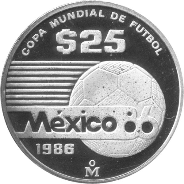 Mexiko 25 Pesos 1986 - XIII. Fußball WM 1986 in Mexiko "Fußball mit Inschrift" - Silber PP