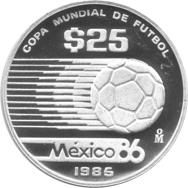 Mexiko 25 Pesos 1985 - XIII. Fußball WM 1986 in Mexiko "Fußball mit Inschrift" - Silber PP