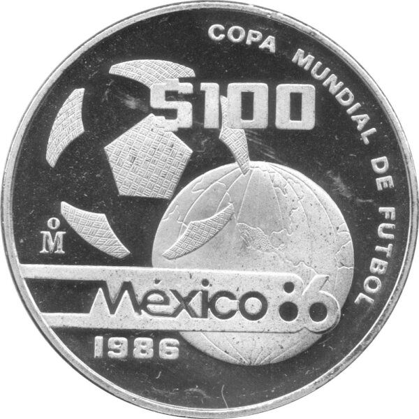 Mexiko 100 Pesos 1986 - XIII. Fußball WM 1986 in Mexiko "Fußball vor Globus" - Silber PP