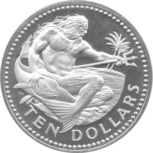 Barbados 10 Dollars 1974 - Neptun mit Dreizack - Silber PP