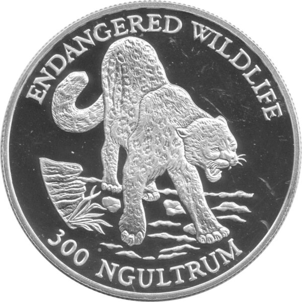 Bhutan 300 Ngultrum 1991 - Bedrohte Tierwelt "Schneeleopard" - Silber PP