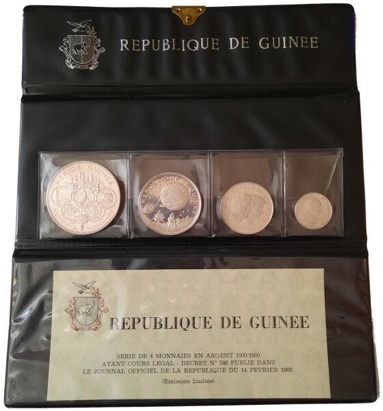 Guinea (Republik) Set 500, 250, 200 und 100 Francs Guineens 1969 - 10 Jahre Republik Guinea - Silber