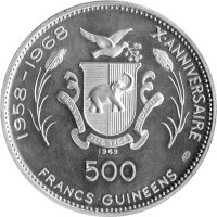 Guinea (Republik) Set 500, 250, 200 und 100 Francs Guineens 1969 - 10 Jahre Republik Guinea - Silber