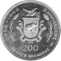 Guinea (Republik) Set 500, 250, 200 und 100 Francs Guineens 1969 - 10 Jahre Republik Guinea - Silber