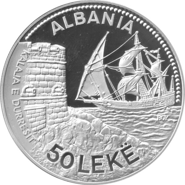 Albanien 50 Leke 1987 - "Venezianischer Turm von Durres" - Silber PP