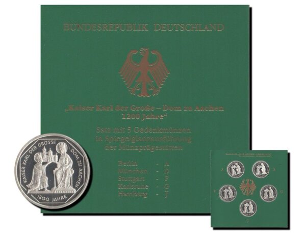 Deutschland 5 x 10 DM 2000 "Dom zu Aachen" Set A-D-F-G-J - Silber PP