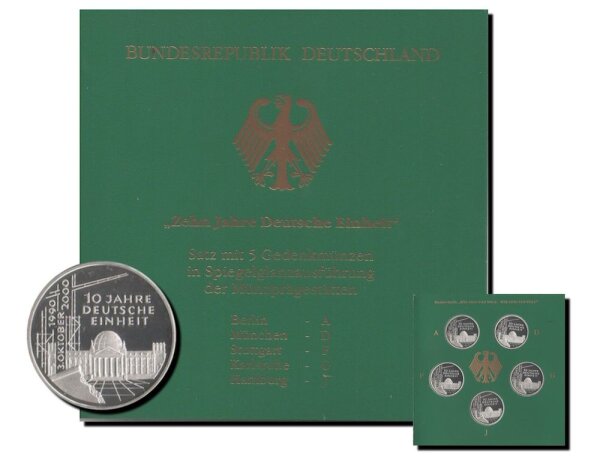 Deutschland 5 x 10 DM 2000 "10 Jahre Deutsche Einheit" Set A-D-F-G-J - Silber PP