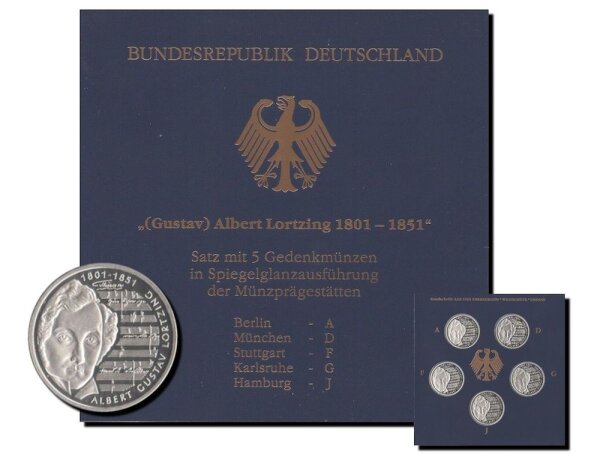 Deutschland 5 x 10 DM 2001 "200. Geburtstag von Gustav Albert Lortzing" Set A-D-F-G-J - Silber PP