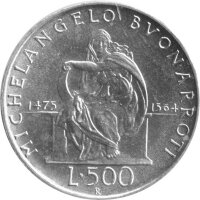 Italien 500 Lire 1975 - 500. Geburtstag von Michelangelo Buonarroti - Silber