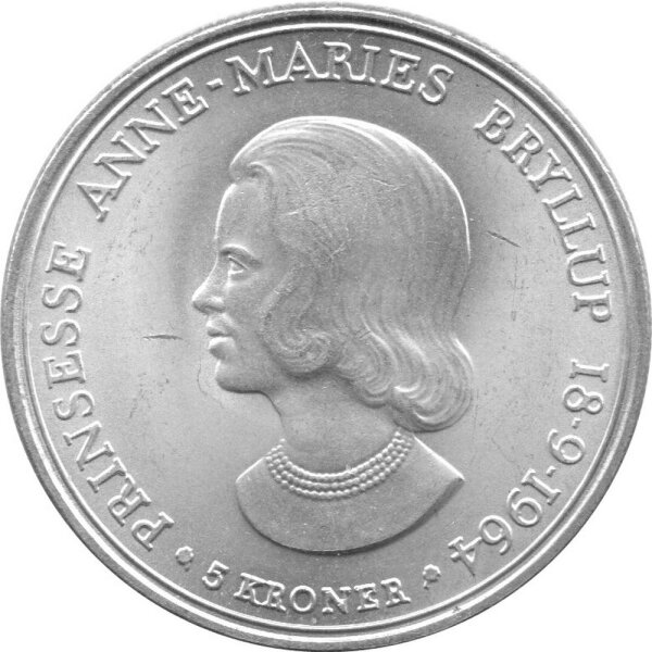 Dänemark 5 Kronen 1964 - König Frederik IX. "Hochzeit von Prinzessin Anne Marie" - Silber