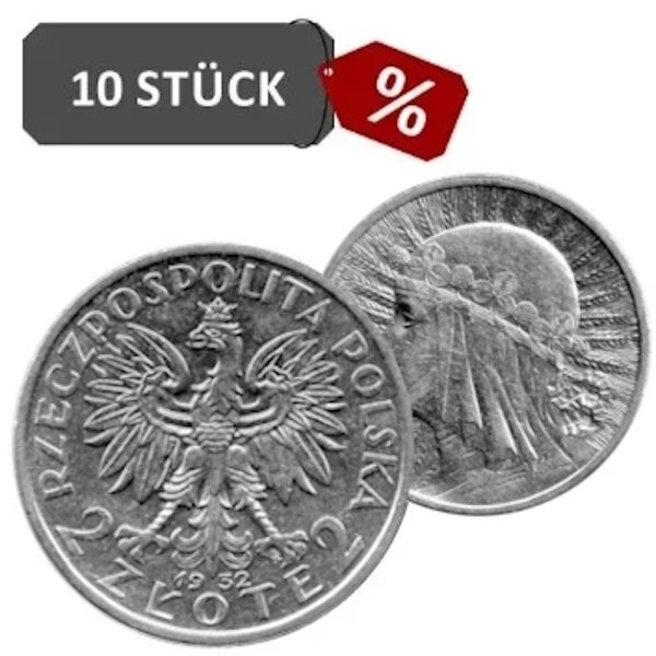 Polen 2 Zlote - div. Polonia 10 Stück 750/1000 Silber