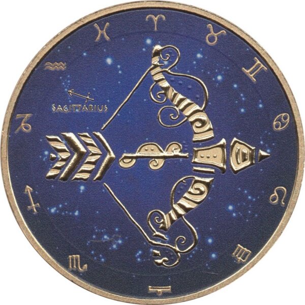 Tokelau 5 Dollar 2021 - Sternzeichen "Schütze" - 1 oz Silber coloriert und teilvergoldet
