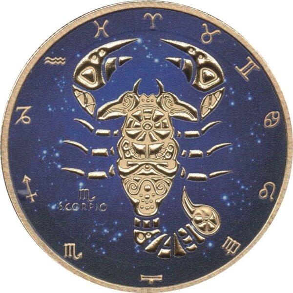 Tokelau 5 Dollar 2021 - Sternzeichen "Skorpion" - 1 oz Silber coloriert und teilvergoldet