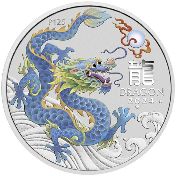 Australien Lunar III 2024 Jahr des Drachen 1 oz Silber Coloriert - Blue Dragon