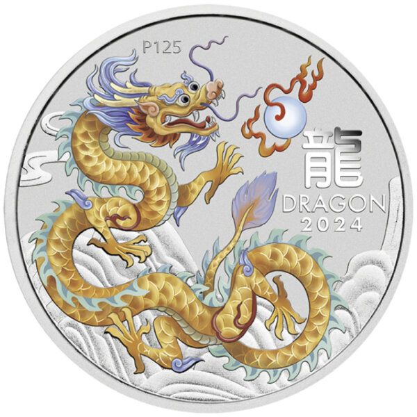 Australien Lunar III 2024 Jahr des Drachen 1 oz Silber Coloriert - Golden Dragon
