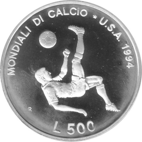 San Marino 500 Lire 1994 - XV. Fußball WM 1994 in den USA - Silber PP