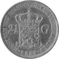 Niederlande 2,5 Gulden 1929 - Königin Wilhelmina - Silber