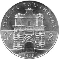 Malta 2 Lira 1973 - Ta`l-Imdina-Tor - Silber