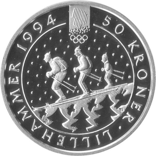 Norwegen 50 Kroner 1991 - Olav V. XVII. Olympische Winterspiele 1994 in Lillehammer - Silber PP