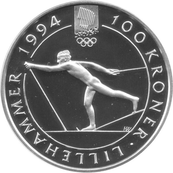 Norwegen 100 Kroner 1991 - Olav V. XVII. Olympische Winterspiele 1994 in Lillehammer - Silber PP