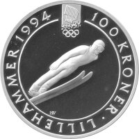 Norwegen 100 Kroner 1992 - Harald V. XVII. Olympische Winterspiele 1994 in Lillehammer - Silber PP