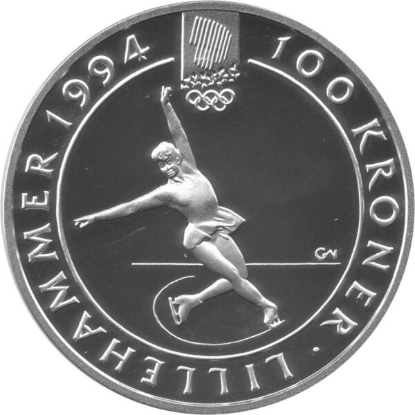 Norwegen 100 Kroner 1993 - Harald V. XVII. Olympische Winterspiele 1994 in Lillehammer - Silber PP