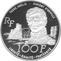 Frankreich 100 Francs 1992 - 150. Jahrestag von Jules Dumont dUrville "Pinguine" - Silber PP
