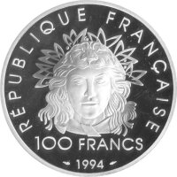 Frankreich 100 Francs 1994 - 100 Jahre Olympische Sommerspiele der Neuzeit "Speerwurf" - Silber PP