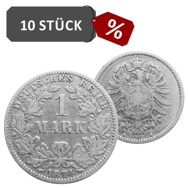J.009 Kaiserreich 1 Mark 1873 - 1887 10 Stück 900/1000 Silber