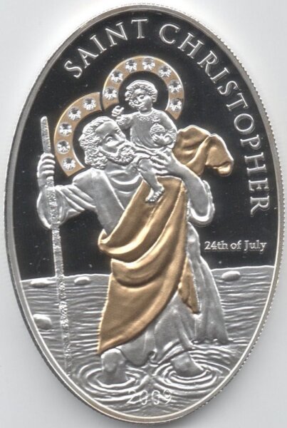 Cook Islands 5 Dollars 2009 - Heiliger Christophorus - Silber PP teilvergoldet