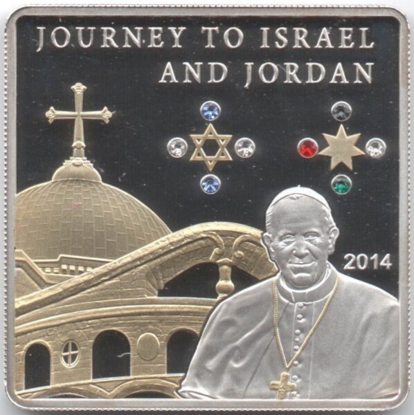 Cook Islands 5 Dollars 2014 - Papstreise nach Israel und Jordanien - Silber PP teilvergoldet