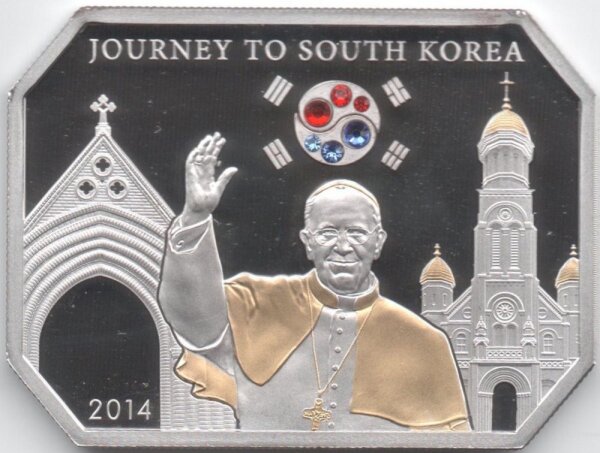 Cook Islands 5 Dollars 2014 - Papstreise nach Südkorea - Silber PP teilvergoldet