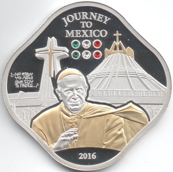Cook Islands 5 Dollars 2016 - Papstreise nach Mexiko - Silber PP teilvergoldet