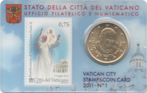 Vatikan 50 Cent 2011 - Benedikt XVI. - Coincard mit Briefmarke Nr.1
