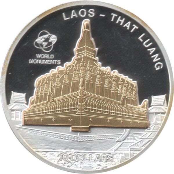 Cook Islands 10 Dollars 2010 - Weltdenkmäler "That Luang" - Silber PP Skulpturmünze teilvergoldet