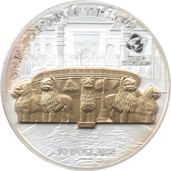 Cook Islands 10 Dollars 2012 - Weltdenkmäler "Löwenbrunnen der Alhambra" - Silber PP Skulpturmünze teilvergoldet