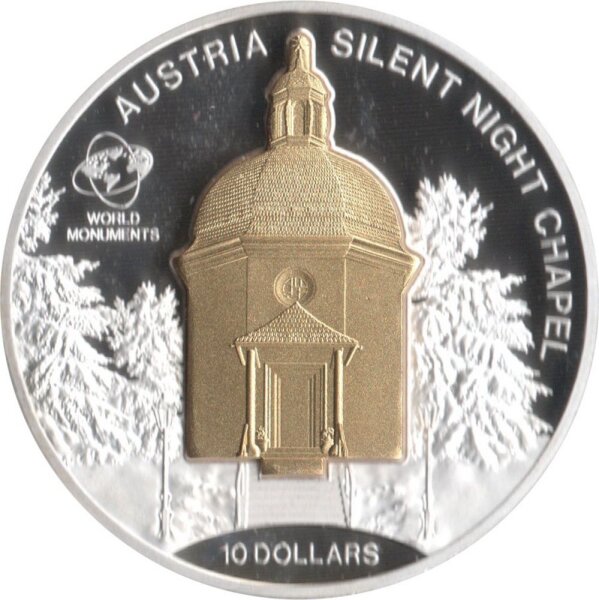 Cook Islands 10 Dollars 2014 - Weltdenkmäler "Stille-Nacht-Kapelle" - Silber PP Skulpturmünze teilvergoldet