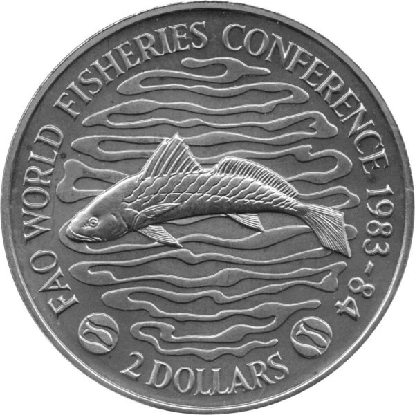 Liberia 2 Dollars 1983 - F.A.O. Weltfischereikonferenz "Langhals Corvina" - Kupfer-Nickel