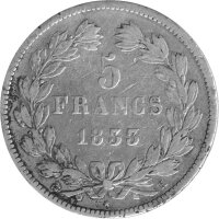 Frankreich 5 Francs 1833  - König Louis Philippe I. 1830-1848 - Silber KM#749.7