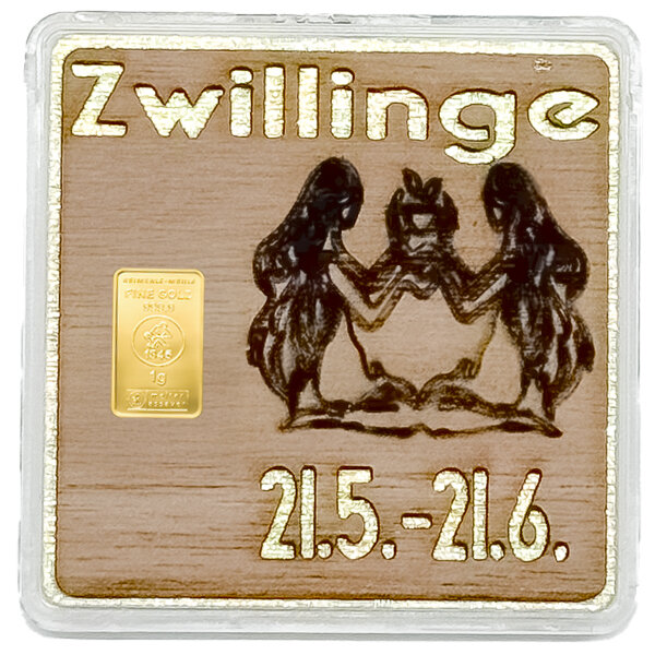 Holz-Geschenkbarren Premium "Sternzeichen Zwillinge" 1 Gramm Gold