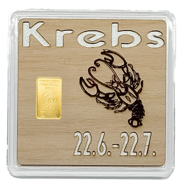 Holz-Geschenkbarren Premium "Sternzeichen Krebs" 1 Gramm Gold
