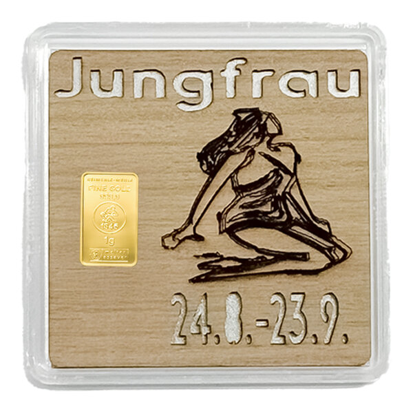 Holz-Geschenkbarren Premium "Sternzeichen Jungfrau" 1 Gramm Gold