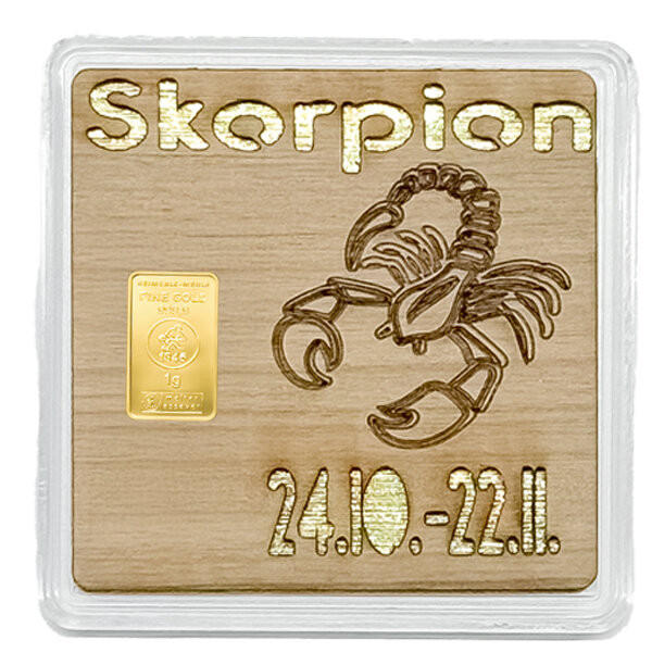 Holz-Geschenkbarren Premium "Sternzeichen Skorpion" 1 Gramm Gold