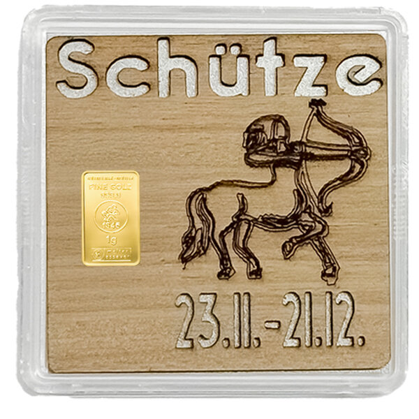 Holz-Geschenkbarren Premium "Sternzeichen Schütze" 1 Gramm Gold
