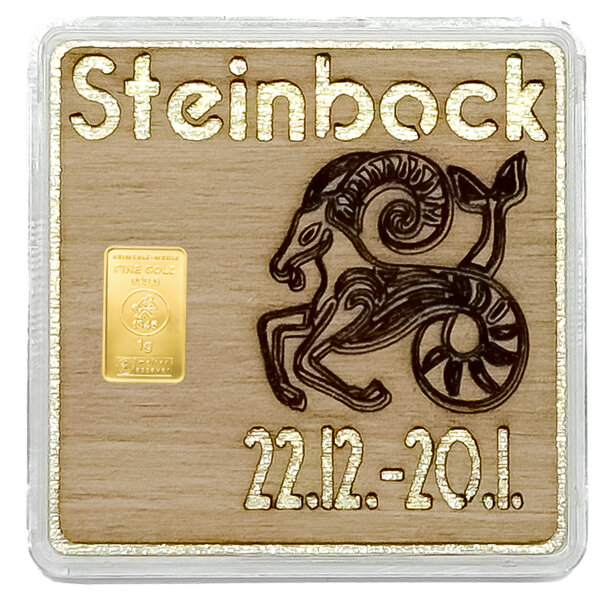 Holz-Geschenkbarren Premium "Sternzeichen Steinbock" 1 Gramm Gold