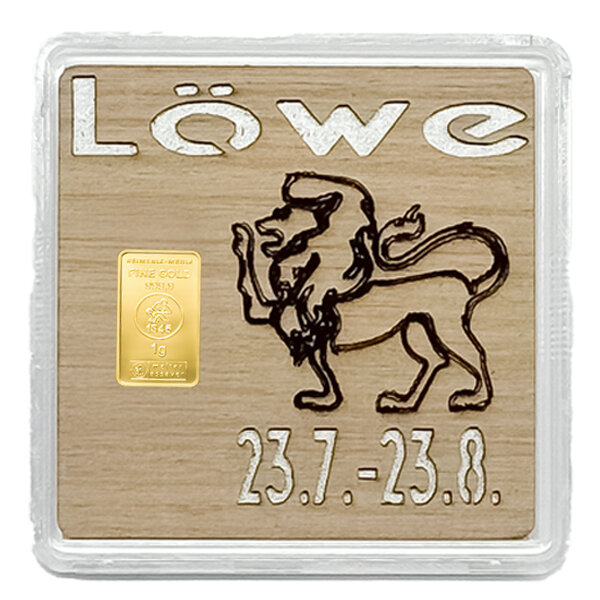 Holz-Geschenkbarren Premium "Sternzeichen Löwe" 1 Gramm Gold