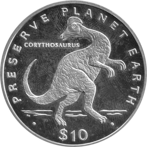 Liberia 10 Dollars 1993 - Preserve Planet Earth "Corythosaurus" - 1 oz Silber PP