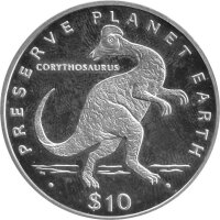 Liberia 10 Dollars 1993 - Preserve Planet Earth "Corythosaurus" - 1 oz Silber PP