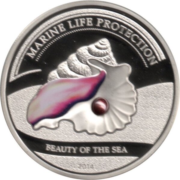 Palau 5 Dollar 2014 - Schönheit des Meeres "Muschel mit Perle" - Silber PP teilcoloriert mit roter Perle